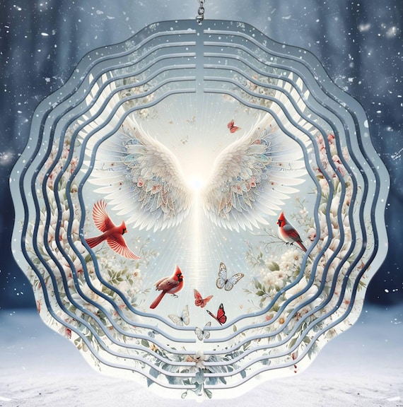 Beautiful Red Cardinal/Angel Wings Memorial 10" Wind Spinner, Item #SP333, Optional Spiral Tail Available, FAST SHIPPING!