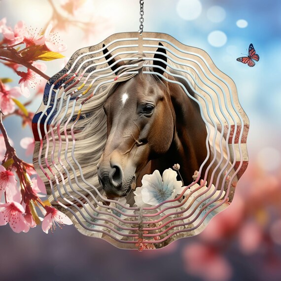 Beautiful Horse with Flag Background 10" Wind Spinner, Optional Spiral Tail Available, FAST SHIPPING!