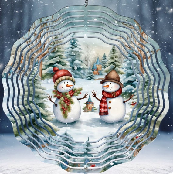 Two Snowman Winter Scene 10" Wind Spinner, Optional Spiral Tail Available. FAST SHIPPING!