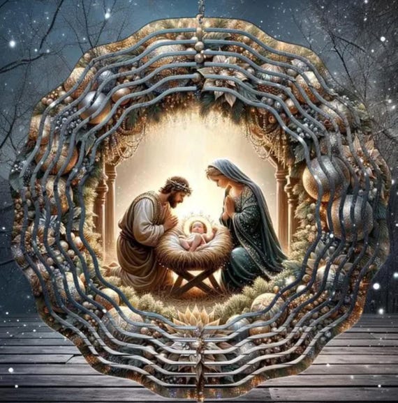 Beautiful Nativity Scene Surrounded by Wreath, 10" Wind Spinner, Item #SP234, Optional Spiral Tail Available, FAST SHIPPING!