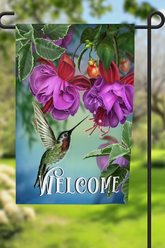 Beautiful Welcome Garden Flag, Hummingbirds & Flowers, Printed on Both Sides. FAST SHIPPING!