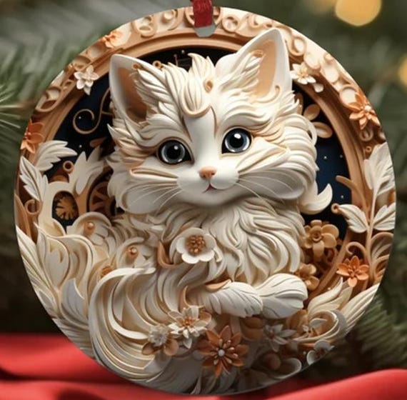 Adorable 3D-Look White Cat Ornament, Can Personalize Back of Ornament, Includes Gift Box, Item #O152, FAST SHIPPING!