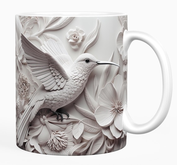 Beautiful '3D look' White Floral Hummingbird on quality 11 oz mug (also available on 15 oz mug), Great Gift! FAST SHIPPING!