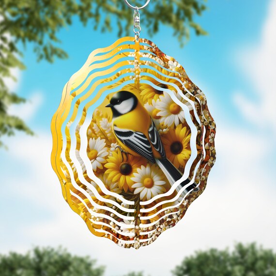 Bright, beautiful floral Goldfinch on your choice of an 8" or 10" Wind Spinner, Optional Spiral Tail Available, FAST SHIPPING!