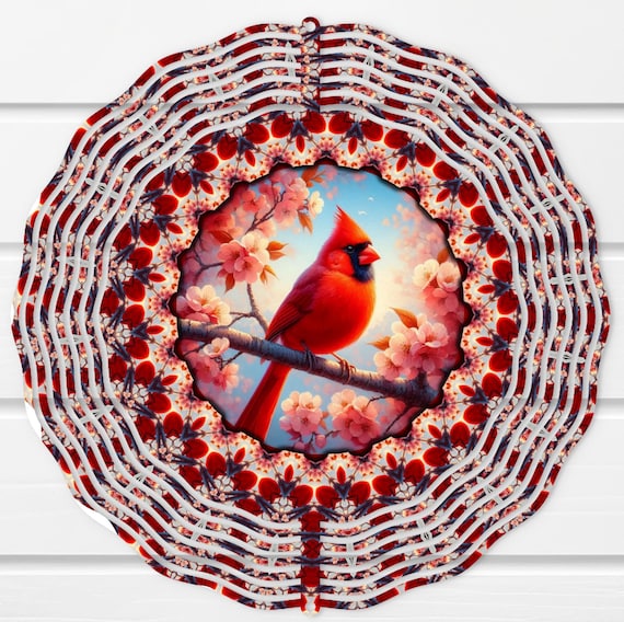 Beautiful Cherry Blosson Cardinal 10" Wind Spinner, Item #SP344, Optional Spiral Tail Available, FAST SHIPPING!