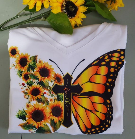 Faith, Sunflowers, Butterfly T-Shirt, Beautiful Vibrant Colors!