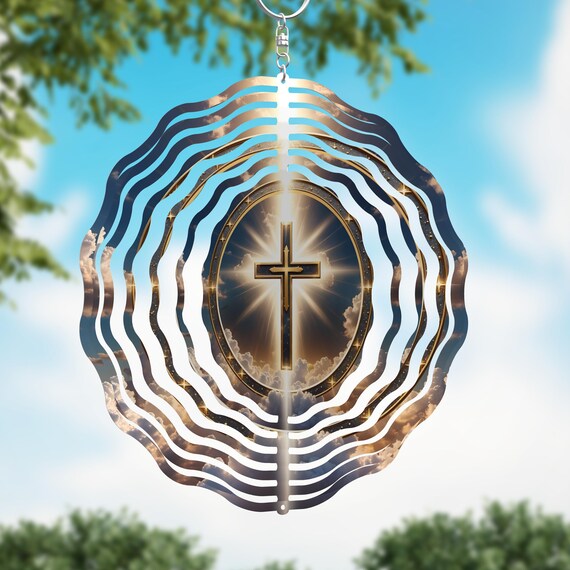 Beautiful Golden Cross on 8" or 10" Wind Spinner, Faith Garden Decor, Memorial Sympathy Gift, Optional Spiral Tail Available. FAST SHIPPING!