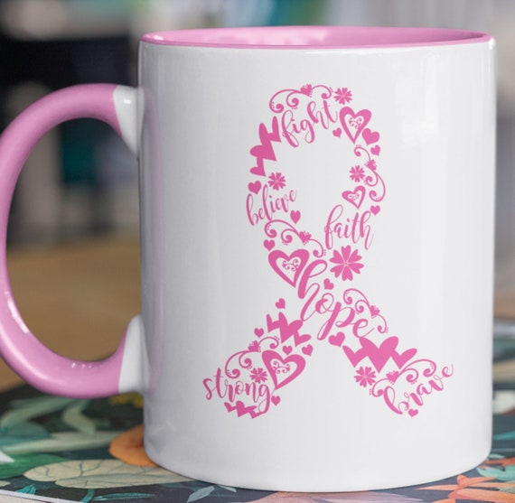 Breast Cancer Awareness 11 oz coffee mug, Breast Cancer Ribbon, Pink Hearts and Words regarding Breast Cancer