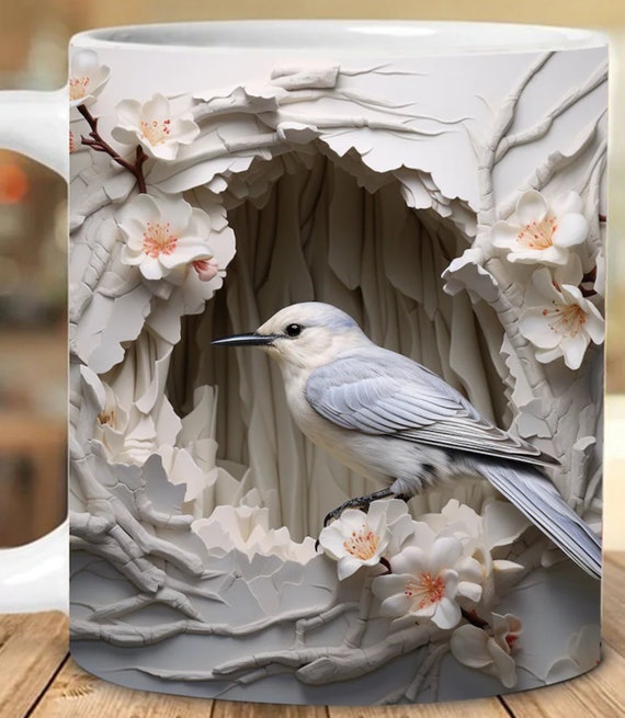 Beautiful '3D look' Bird/Floral Design on quality LARGE 15 oz mug. Great Gift! FAST SHIPPING!