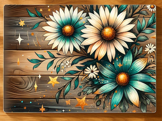 Tempered Glass Cutting Board, Rustic Teal Daisy, Can Personalize, Charcuterie Board, Cheese Board, Kitchen Decor, Choice of Size, FAST SHIP!