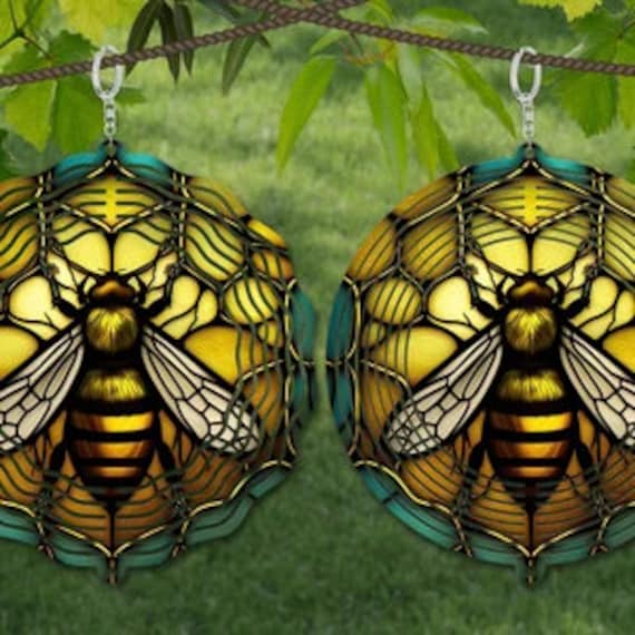 Beautiful Bees with Stained Glass Look on Wind Spinners, Optional Spiral Tail Available, FAST SHIPPING!