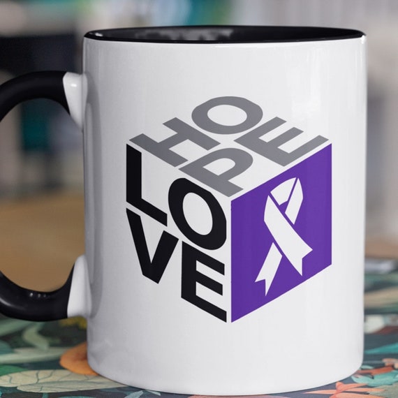 Hope Love Purple Ribbon Cube, Epilepsy, Pancreatic Cancer Awareness Mug, FAST SHIPPING!