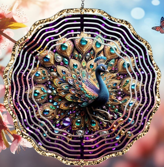 Beautiful Purple/Gold Peacock 10" Wind Spinner, Optional Spiral Tail Available, FAST SHIPPING!