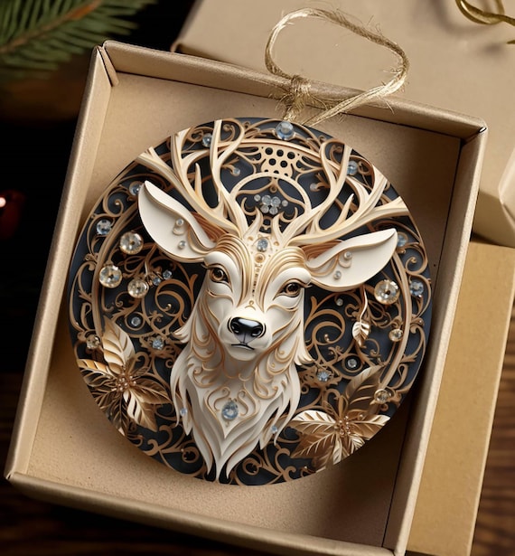 Gorgeous 3D-Look Reindeer Ornament, Includes Gift Box, FAST SHIPPING!