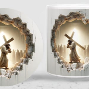 May include: A white ceramic mug and a matching circular coaster featuring a 3D-style graphic of a figure in a robe carrying a wooden cross through a crowd, framed by a jagged, broken wall effect with bright light shining from the background.