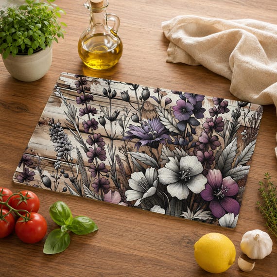 Tempered Glass Cutting Board, Wildflowers, Charcuterie Board, Cheese Board, Kitchen Decor, Choice of Size, FAST SHIP!