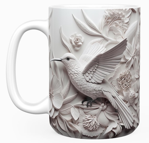Beautiful '3D look' White Floral Hummingbird on quality 15 oz mug (also available on 11 oz mug), Great Gift! FAST SHIPPING!