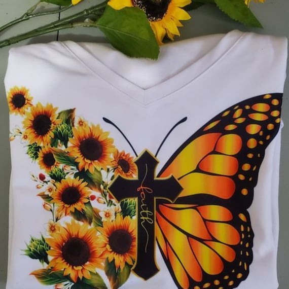 BEAUTIFUL Faith/Sunflowers/Butterfly T-Shirt (Sizes Small-5XL), FAST SHIPPING!
