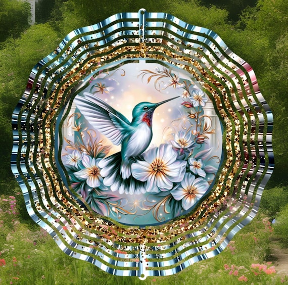 Hummingbird with Glittery-Look border on your choice of 8", 10" or 12" Wind Spinner, Optional Spiral Tail Available, FAST SHIPPING!