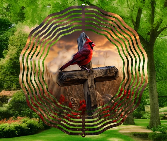 Cross with Cardinal 10" Wind Spinner, Item #SP370, Optional Spiral Tail Available, FAST SHIPPING!