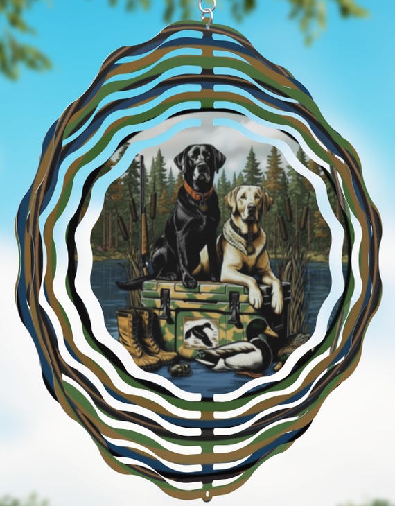 Lab Hunting Scene on your choice of an 8" or 10" Wind Spinner, Optional Spiral Tail Available, FAST SHIPPING!