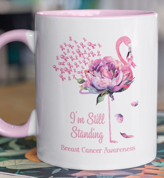 I'm Still Standing, Breast Cancer Awareness, LARGE 15 oz coffee mug, Flamingo with Pink Ribbons
