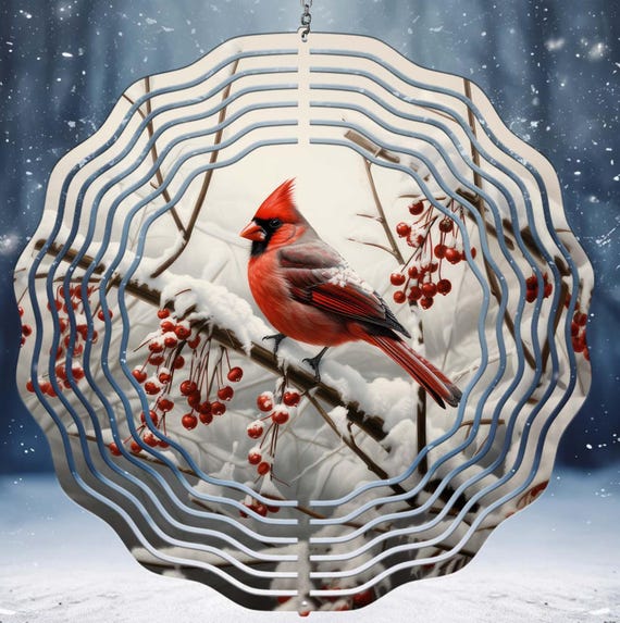 Beautiful Cardinal on a Snowy Branch 10" Wind Spinner, Item #SP328, Optional Spiral Tail Available, FAST SHIPPING!