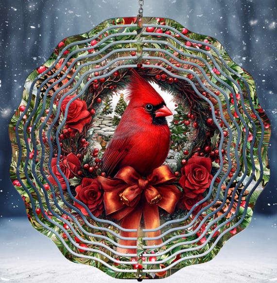 Christmas Cardinal Wreath Wind Spinner, Item #SP250, Optional Spiral Tail Available, FAST SHIPPING!