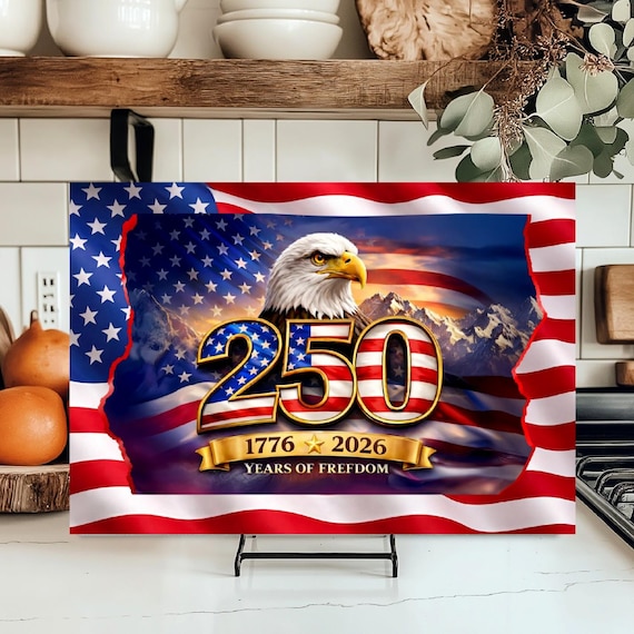 Beautiful 250 Years of Freedom USA Large 15"x11" Tempered Glass Cutting Board, FAST SHIPPING!
