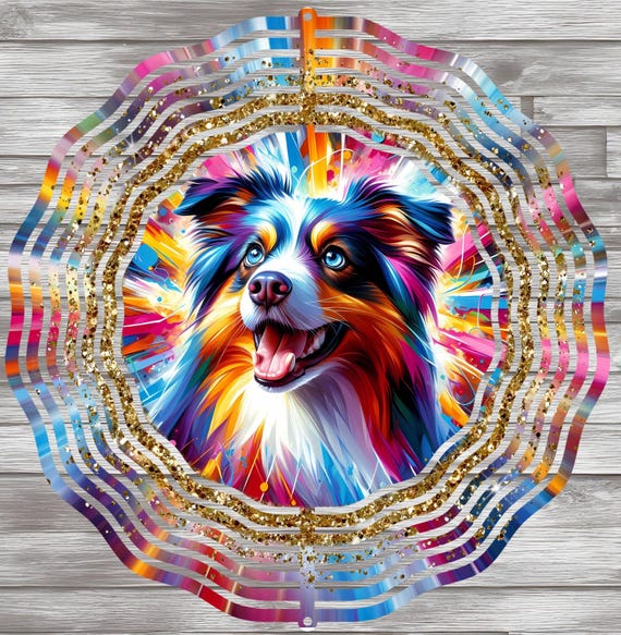 Beautiful, Colorful 10" Australian Shepherd Wind Spinner, Optional Spiral Tail Available. All Weather, FAST SHIPPING!