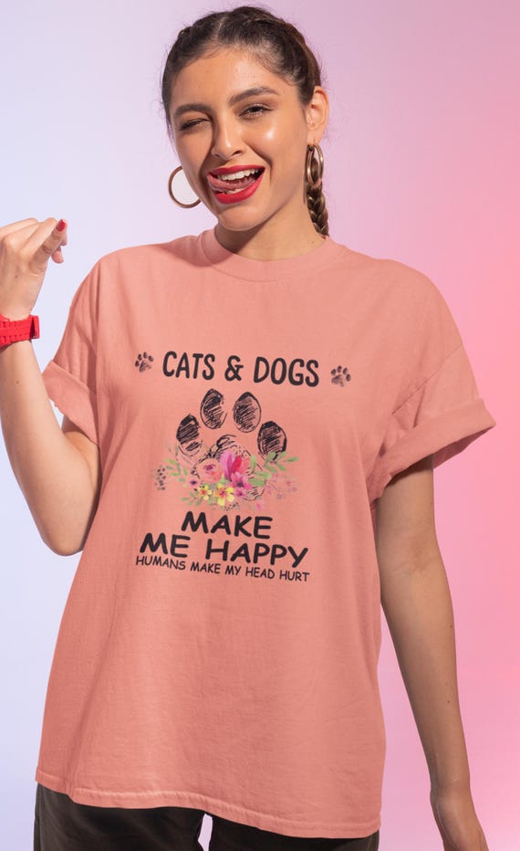 CLEARANCE! "Cats & Dogs Make Me Happy, Humans Make My Head Hurt", Size M Peach Unisex Crew Neck, FAST SHIPPING!