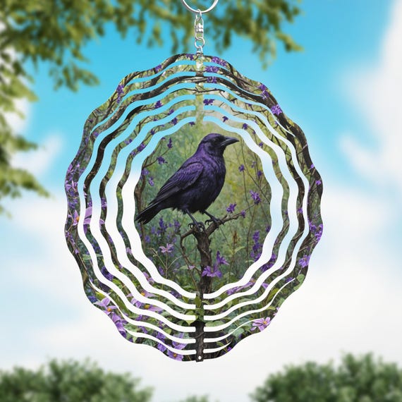 Raven Wind Spinner, Purple Black Crow Spinner, Choice of 8", 10" or 12" Spinners, Optional Spiral Tail Available, FAST SHIPPING!