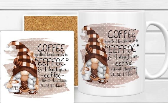 Coffee Spelled Backwards 11-oz Coffee Mug, Fun Gift for Friends or Co-workers, Optional Matching Ceramic Coaster Available, FAST SHIPPING!