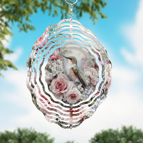 Vintage Shabby Chic Style Hummingbird on your choice of an 8" or 10" Wind Spinner, Optional Spiral Tail Available. FAST SHIPPING!