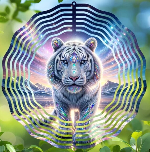 Mystical White Tiger on your choice of an 8" or 10" Wind Spinner, Optional Spiral Tail Available, FAST SHIPPING!