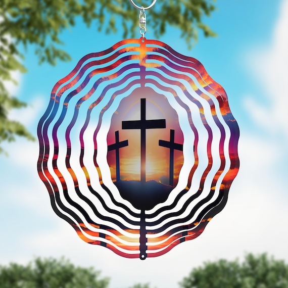 3 Crosses in Sunset 10" Wind Spinner, Item #356, Optional Spiral Tails Available, FAST SHIPPING!
