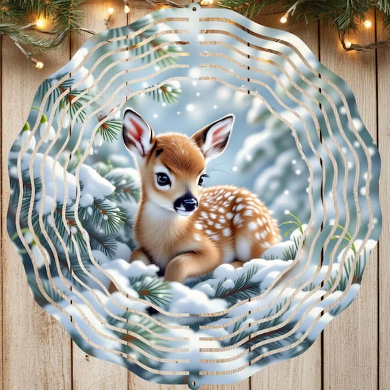 Adorable Winter Fawn on this 10" Wind Spinners, Item SP309, Optional Spiral Tail Available, FAST SHIPPING!
