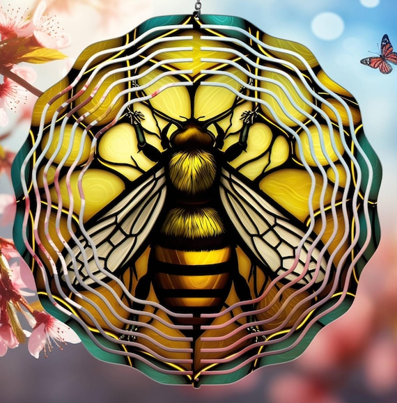 Beautiful Bee with Stained Glass Look on Wind Spinner, Item #SP164, Optional Spiral Tail Available, FAST SHIPPING!