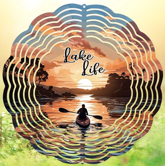 Lake Life with Kayak 10" Wind Spinner, Optional Spiral Tail Available, FAST SHIPPING!