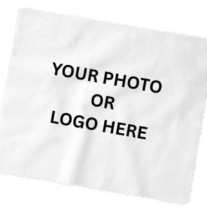 May include: White microfiber cleaning cloth with a scalloped edge. The text "YOUR PHOTO OR LOGO HERE" is printed in black, centered on the cloth. The cloth is designed for cleaning and polishing surfaces.