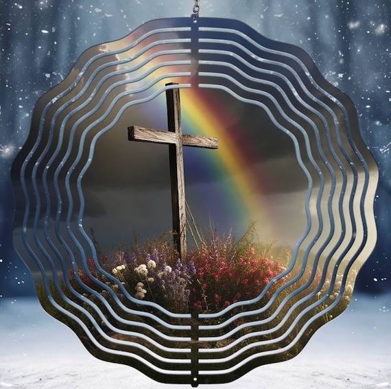 Cross with Rainbow 10" Wind Spinner, Optional Spiral Tail Available, FAST SHIPPING!