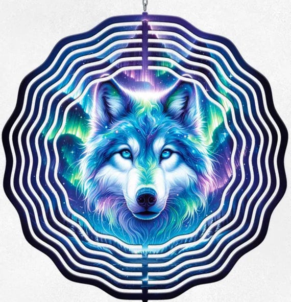 Beautiful Wolf/Northern Lights 10" Wind Spinner, Item #SP255, Optional Spiral Tail Available, FAST SHIPPING!