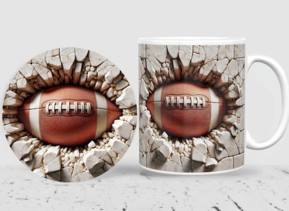 Fun 3D-Look Football 11-oz Mug!  Matching Ceramic Coaster Available, FAST SHIPPING!