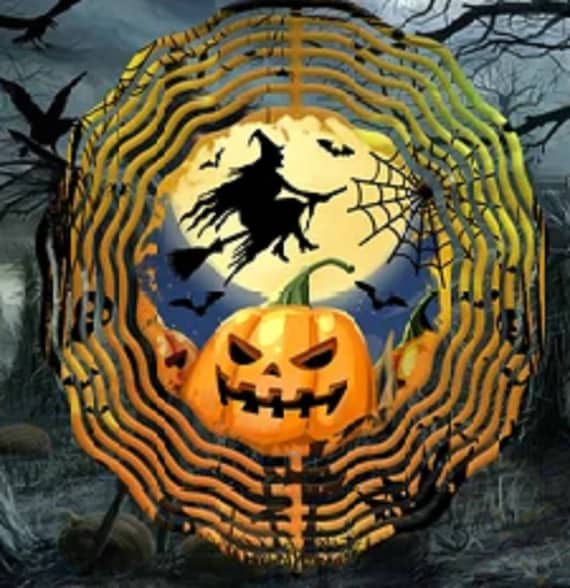 Fun, Colorful Halloween Wind Spinner, Witch &Jack-o-Lantern. Optional Spiral Tail Available. FAST SHIPPING!