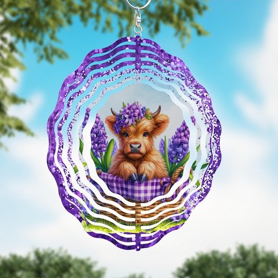 Highland Cow and Purple Flowers, Choice of 8" or 10" Wind Spinner, Optional Spiral Tail Available, FAST SHIPPING!