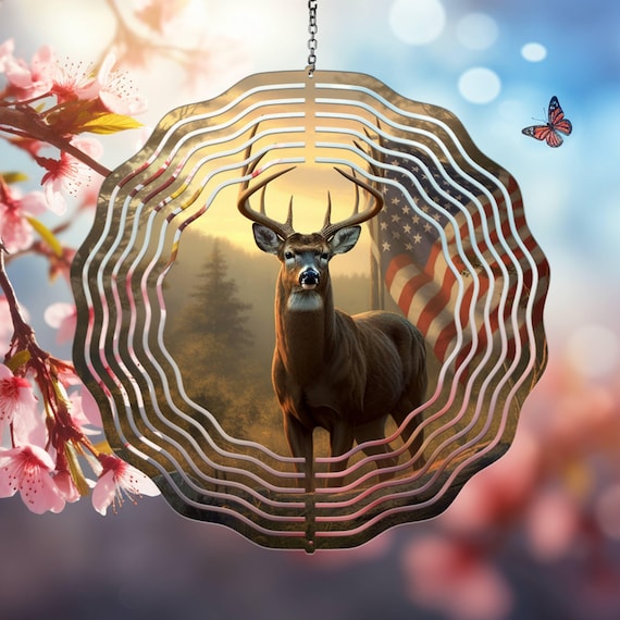 Deer with American Flag 10" Wind Spinner, Optional Spiral Tail Available, FAST SHIPPING!