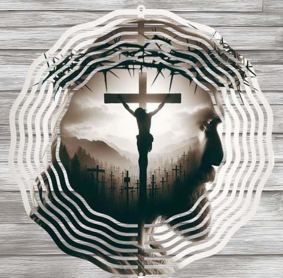 Cross Silhouette Jesus 10" Wind Spinner, Item #SP352, Optional Spiral Tail Available, FAST SHIPPING!