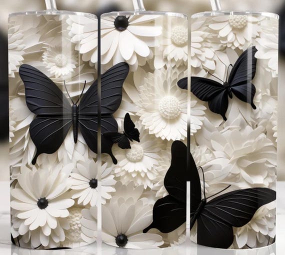 3D-Look Black Butterfly, Flowers 20 oz Double-Wall Stainless Steel Tumbler, FAST SHIPPING!