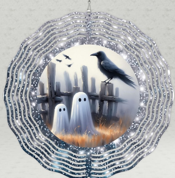 Ghost Raven Halloween Wind Spinner, Choice of 8", 10" or 12" Spinner, Optional Spiral Tail Available. FAST SHIPPING!