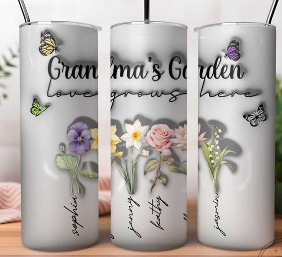 Lovely Tumbler for Grandma with Grandchildren's Birth Month Flowers and Names as Stems, Grandma's Garden, Love Grows Here, FAST SHIPPING!